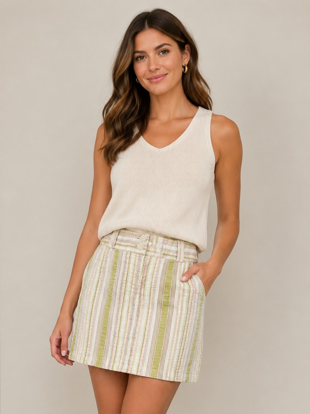CAbi Striped Mini Skirt in Cream, Lime & Soft Pink